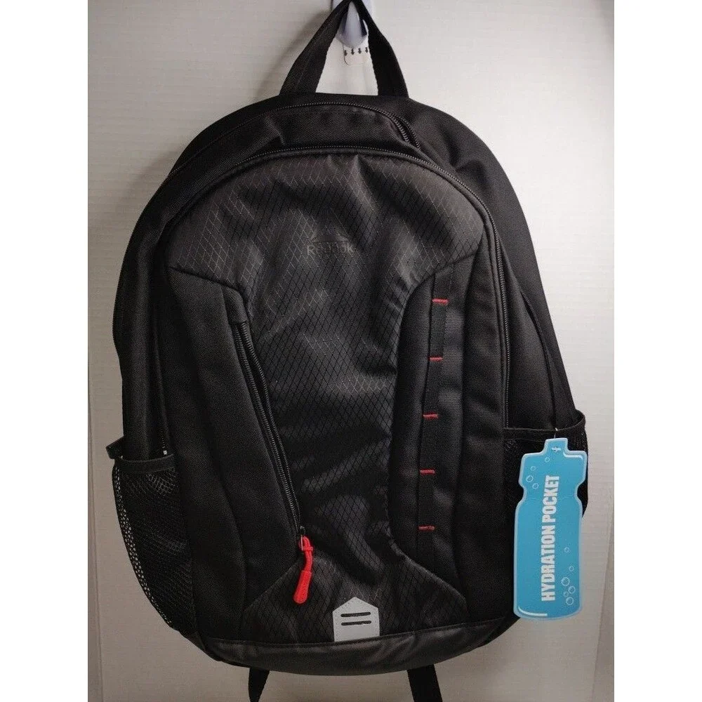 Reebok Men's Black Backpack Medium Zip Closure Hydration Pocket Outer Pockets